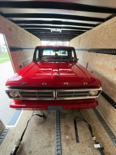 Classic Ford truck in our 8.5x20' enclosed trailer