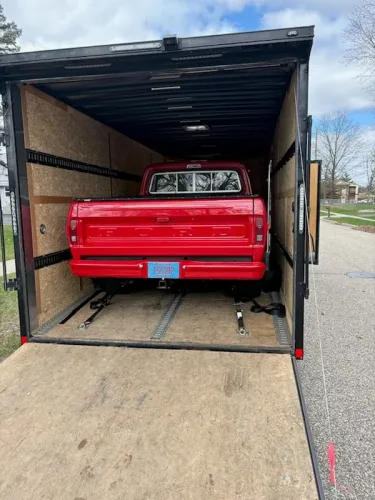Classic Ford truck in our 8.5x20' enclosed trailer