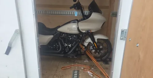 Harley motorcycle in our 6x12' enclosed trailer