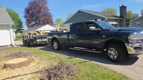 Our 7x14' dump trailer hauling tree logs after cutting a tree down
