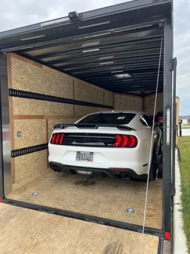 Ford Mustang in our 8.5x20' enclosed trailer
