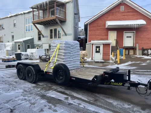 Pallet of wood pellets on our 20ft flatbed trailer