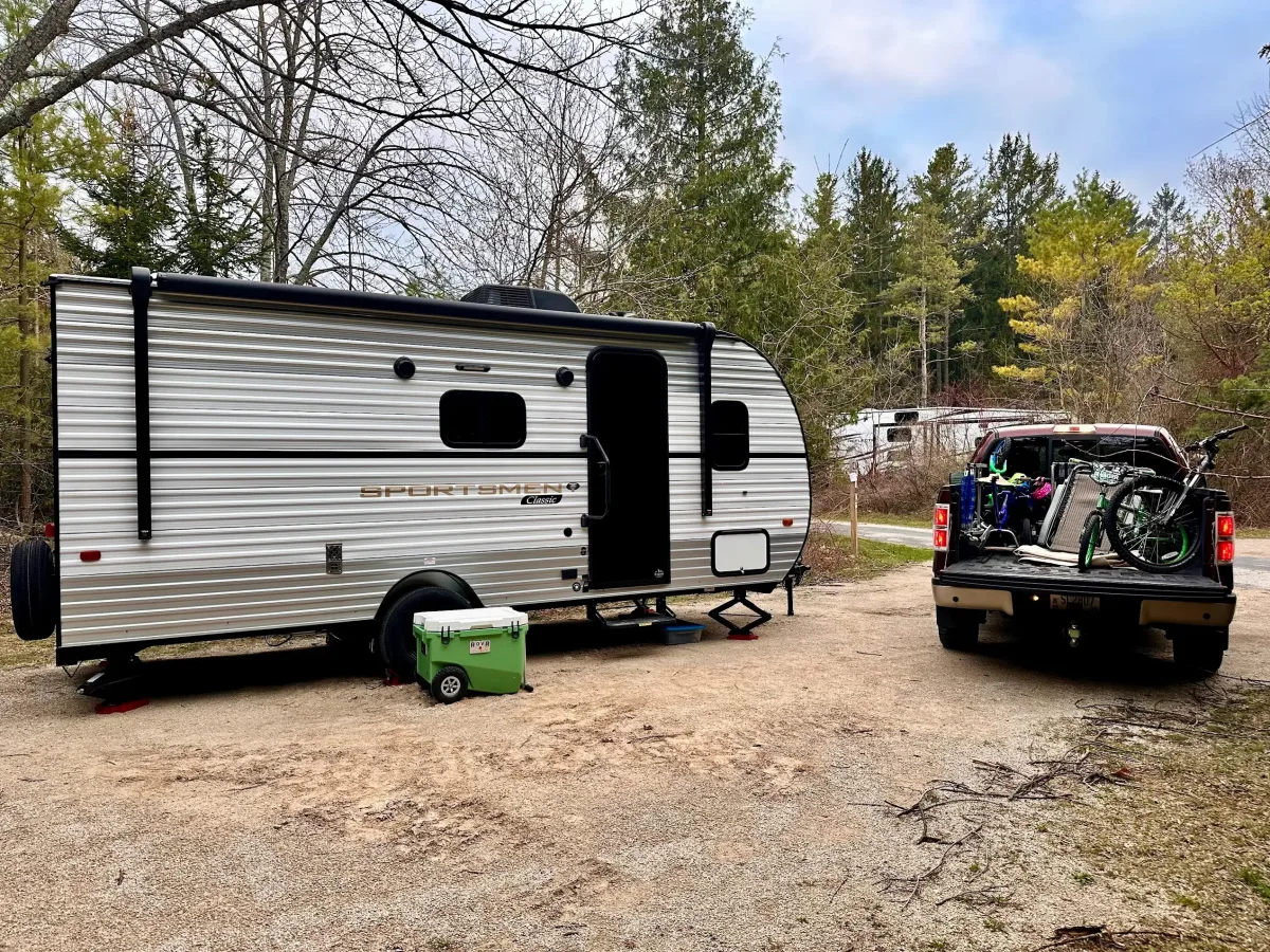 Our 21ft camper setup at Peninsula State Park in Door County, WI
